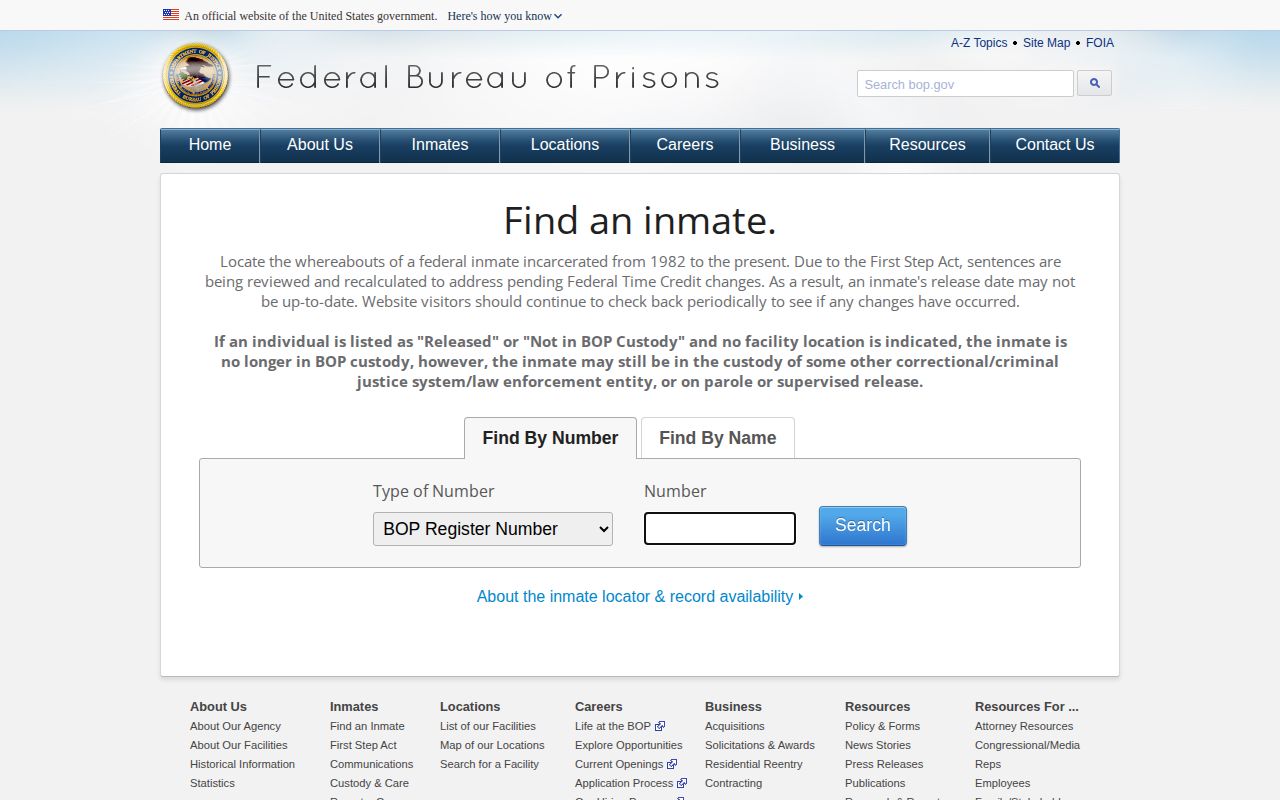 Federal Bureau of Prisons release locator fields for Ochiltree County searches