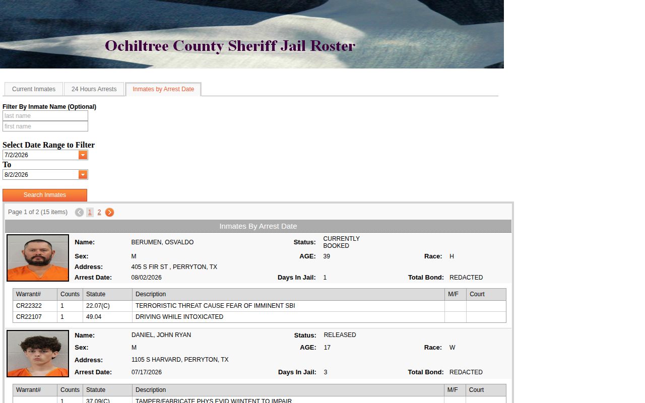 Ochiltree County released inmate historical date range search