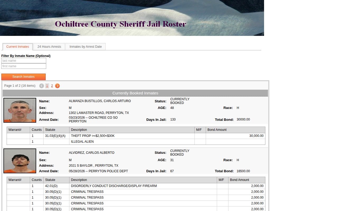 Ochiltree County Jail current custody and release record layout