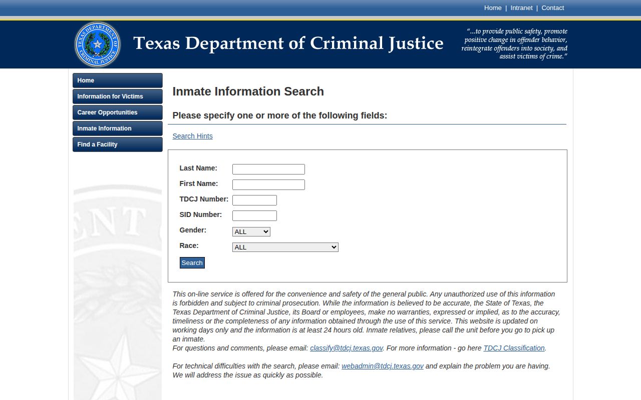 TDCJ offender search fields for Ochiltree County released inmates